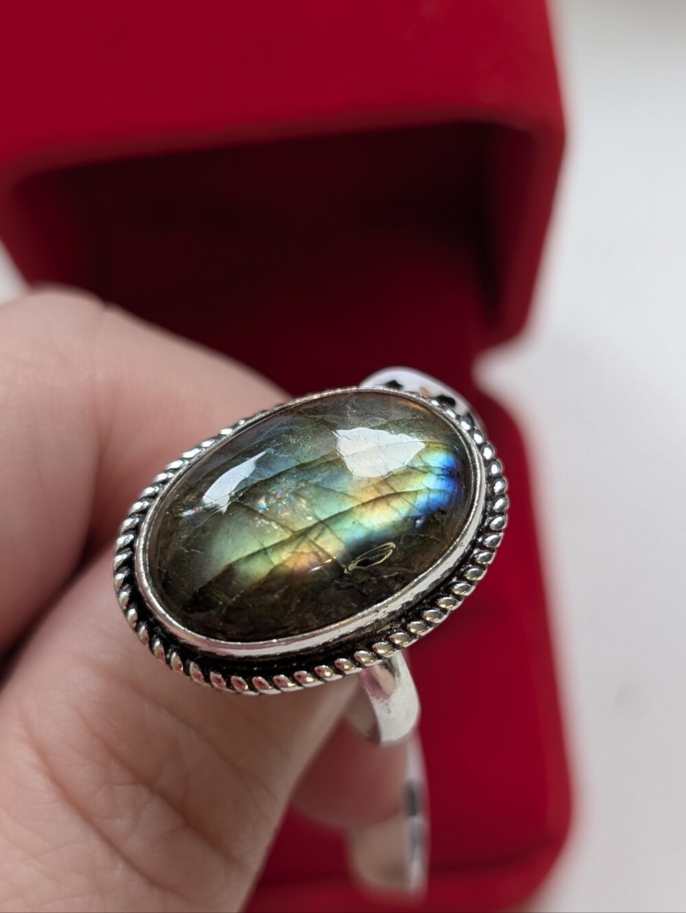 Vintage Sterling Silver Labradorite Oval Statement Ring Very Flashy 9.75